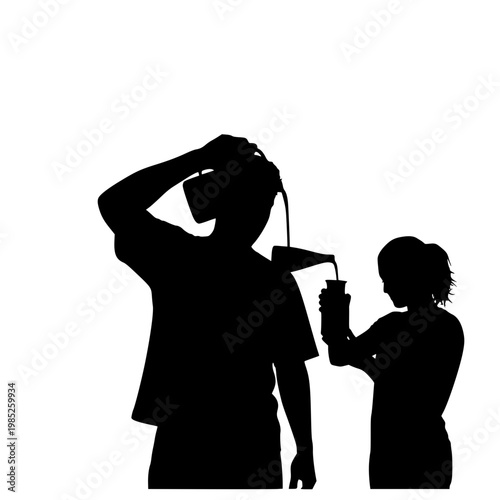 Silhouette of man pouring water over himself and a woman holding a cup