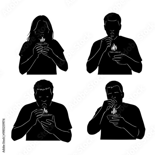 Silhouettes of people eating hot noodles or soup from steaming bowls