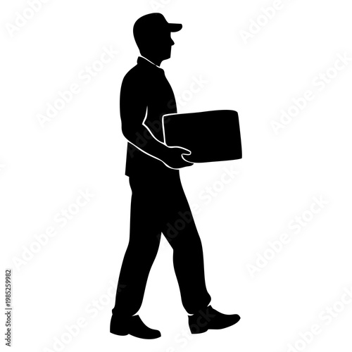 SILHOUETTE OF PACKAGE COURIER WITH WHITE BACKGROUND
