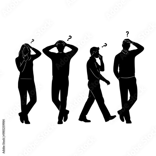 Silhouettes of People with Question Marks Feeling Confused and Thinking