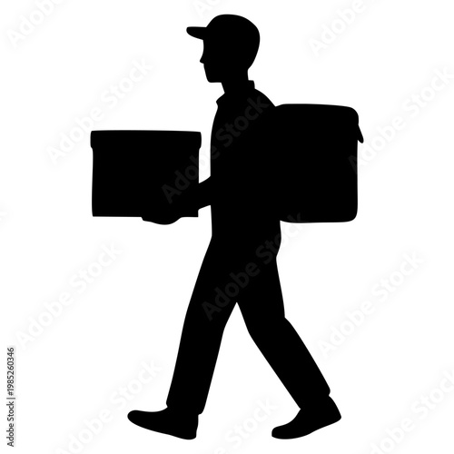 SILHOUETTE OF PACKAGE COURIER WITH WHITE BACKGROUND