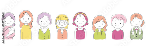 いろいろな年代の微笑む女性イラストセット