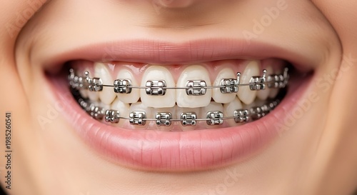 Smiling Child with Metal Braces in Mouth Close Up