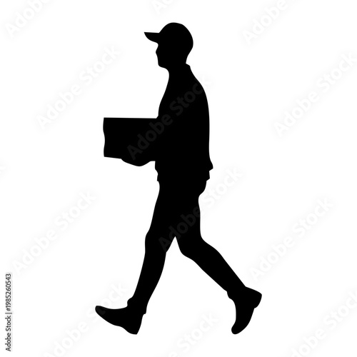 SILHOUETTE OF PACKAGE COURIER WITH WHITE BACKGROUND