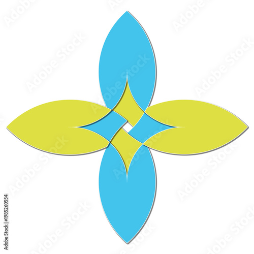 "Abstract geometric flower with four interlaced petals in cyan and lime green"