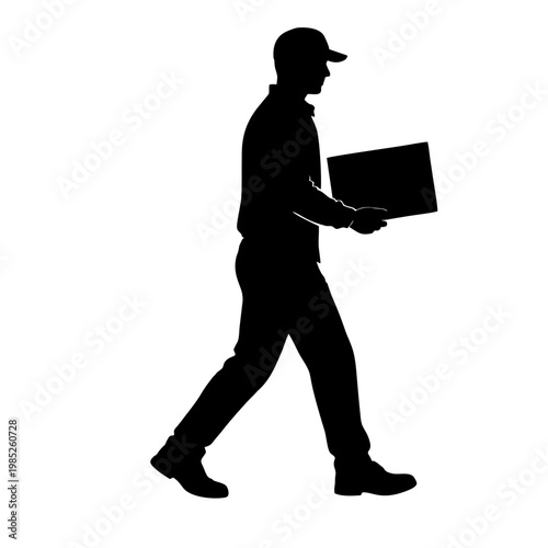 SILHOUETTE OF PACKAGE COURIER WITH WHITE BACKGROUND