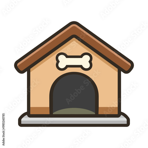 Simple illustration of a brown wooden doghouse with a white bone sign on the front.