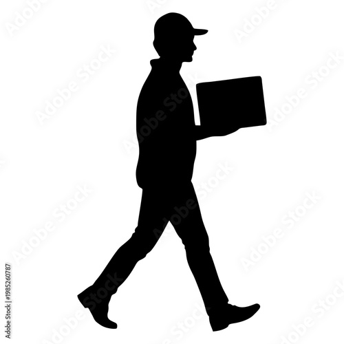 SILHOUETTE OF PACKAGE COURIER WITH WHITE BACKGROUND