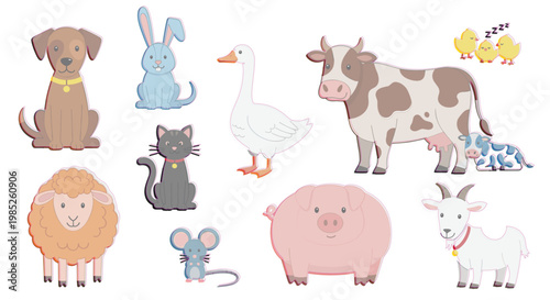 Cute farm animals cartoon vector set featuring cow pig sheep goat dog cat duck rabbit chick and mouse in flat style illustration collection