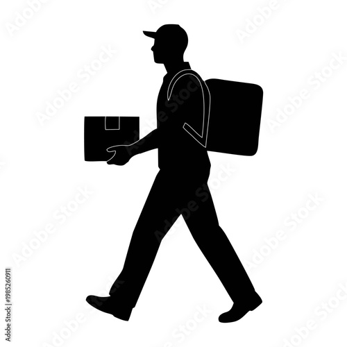 SILHOUETTE OF PACKAGE COURIER WITH WHITE BACKGROUND