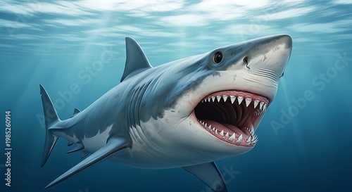 Aggressive Great White Shark Lunging Underwater Open Mouth