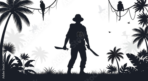 Silhouette of an explorer or adventurer standing in a tropical jungle with machetes, binoculars, and backpack, surrounded by palm trees, a parrot, and a monkey