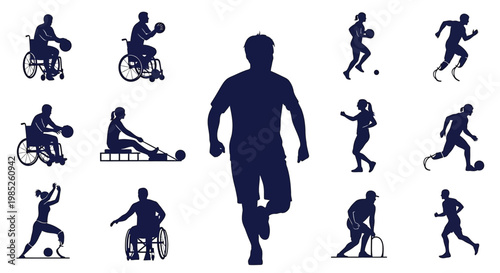 Set of silhouettes of disabled athletes, people with physical disabilities practicing different sports