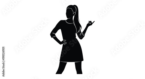 Silhouette of a stylish woman standing in a dress with a ponytail hairstyle, gesturing with her hand, fashion and lifestyle concept, elegant female figure