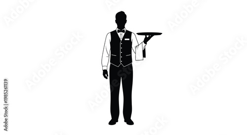 Silhouette of a waiter wearing a vest and bow tie holding an empty serving tray