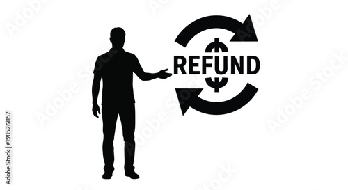 Silhouette of a man presenting a refund icon with a circular arrow and a dollar sign, representing money back guarantee, financial reimbursement, or return policy
