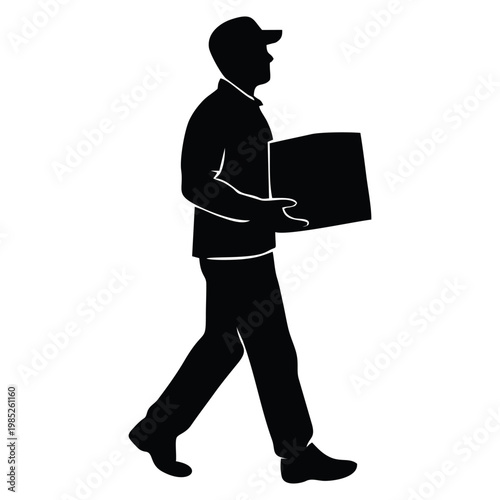 SILHOUETTE OF PACKAGE COURIER WITH WHITE BACKGROUND