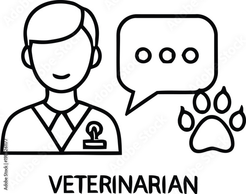Line art illustration of a veterinarian communicating with an animal