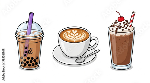Set of Popular Drinks with Bubble Tea, Latte Art Coffee, and Chocolate Milkshake

