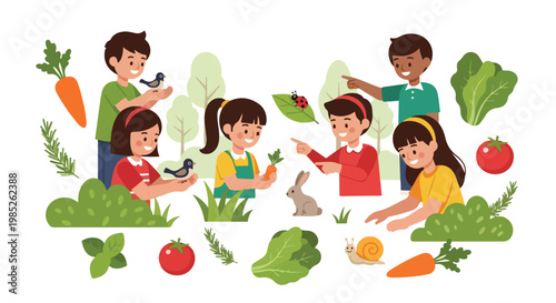 This delightful vector illustration captures a group of diverse children happily exploring a lush garden filled with animals and fresh vegetables.
