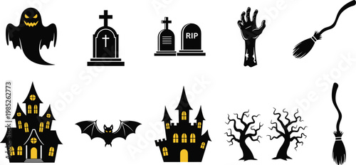 Halloween Silhouette Icon Set with Ghost Grave Bat Castle Zombie Hand Broom and Spooky Tree Elements