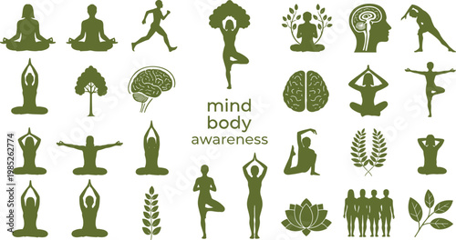 Mind Body Awareness Yoga Silhouette Icon Set with Meditation Brain Lotus Pose and Wellness Elements