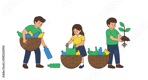 A man, a girl, and a boy are actively participating in recycling and planting activities to promote environmental sustainability and care.