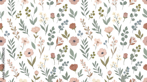 Soft watercolor floral pattern featuring pastel flowers and leaves, a botanical garden-inspired design suitable for textiles and wallpapers.