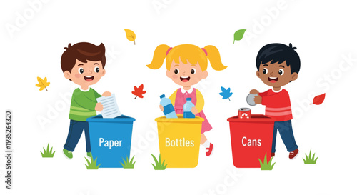 Three diverse children are happily sorting waste into colorful recycling bins labeled paper, bottles, and cans outdoors.