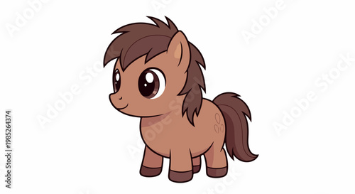 Charming cartoon pony illustration featuring a little pony with a brown mane and big eyes on a white background