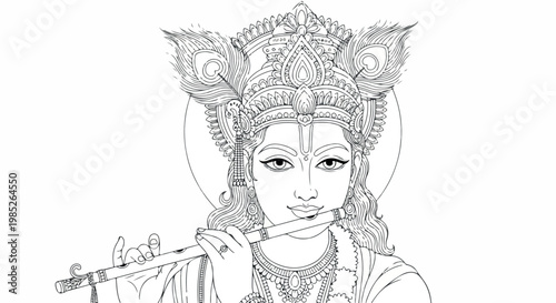 Line drawing of Krishna playing a flute with traditional Indian attire and jewelry on a white background.