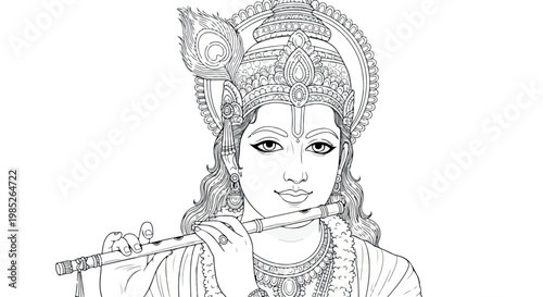 Line drawing of a Hindu deity playing a flute with traditional Indian attire and jewelry on a white background.