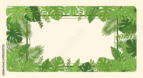 Tropical green leafy foliage border frame.