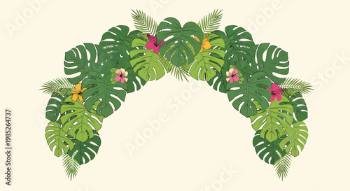 Tropical leaves and flowers arrangement.
