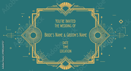 Vintage Art Deco Wedding Invitation Card.