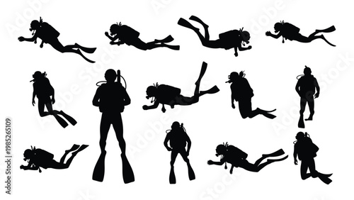 A collection of black silhouettes depicting scuba divers in various underwater positions and poses high quality
