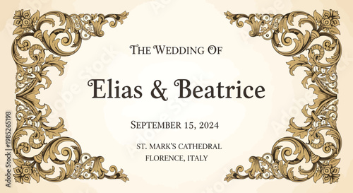 Wedding invitation card with gold design.