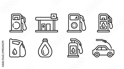Fuel and Gas Station Line Icon Set – Petrol, Engine Oil, and Transport Symbols