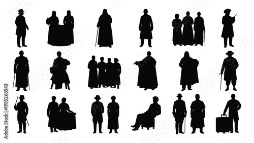 A collection of silhouetted figures representing people from the victorian era including men and women