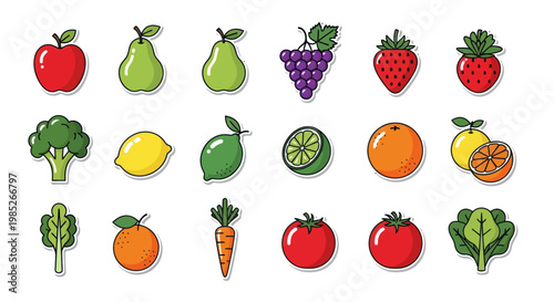 A vibrant collection of fresh fruit and vegetable sticker icons