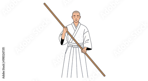 Martial artist in traditional attire holding a staff with eyes closed.