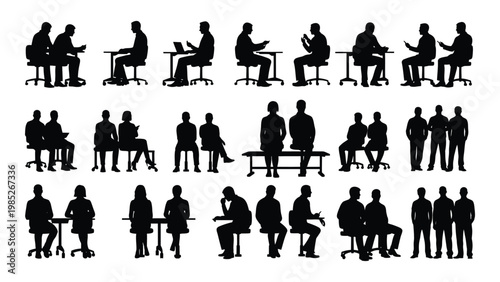 A collection of black silhouettes depicting people seated in various conversational or working arrangements high quality