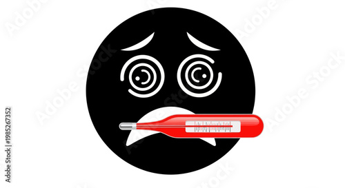 Sick emoji face with medical thermometer indicating high fever and illness