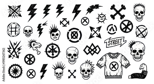Set of hand-drawn punk rock symbols and grunge skull doodles on white background