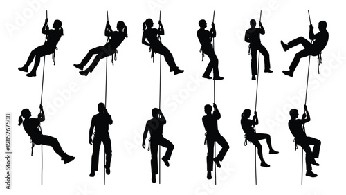 Silhouettes of people rappelling and climbing down ropes against a stark white background high quality professional