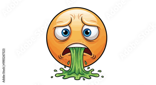 Sick face emoji vomiting green liquid isolated on white background.