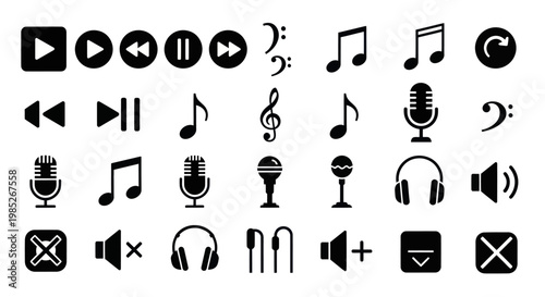Collection of black and white music and media player interface icons.