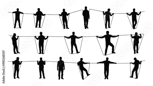 A line of silhouetted figures balancing on tightropes creating a connected and collaborative visual high quality