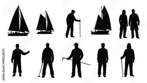 Silhouettes of sailboats and people standing or gesturing against a plain white background high quality professional