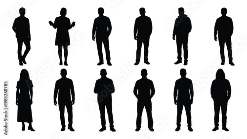 A collection of diverse silhouettes depicting people in various standing poses against a white background
